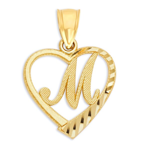 10K Gold Heart Initial "M" Pendant - Diamond Cut Letter Charm for Necklace - Picture 1 of 5